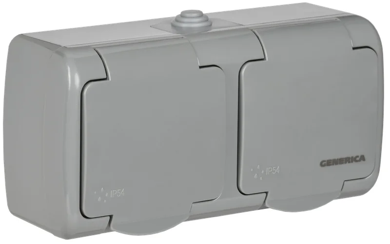 AQUATIC Розетка 2-местная с заземлением для открытой установки 16А IP54 РСш22-2-А GENERICA