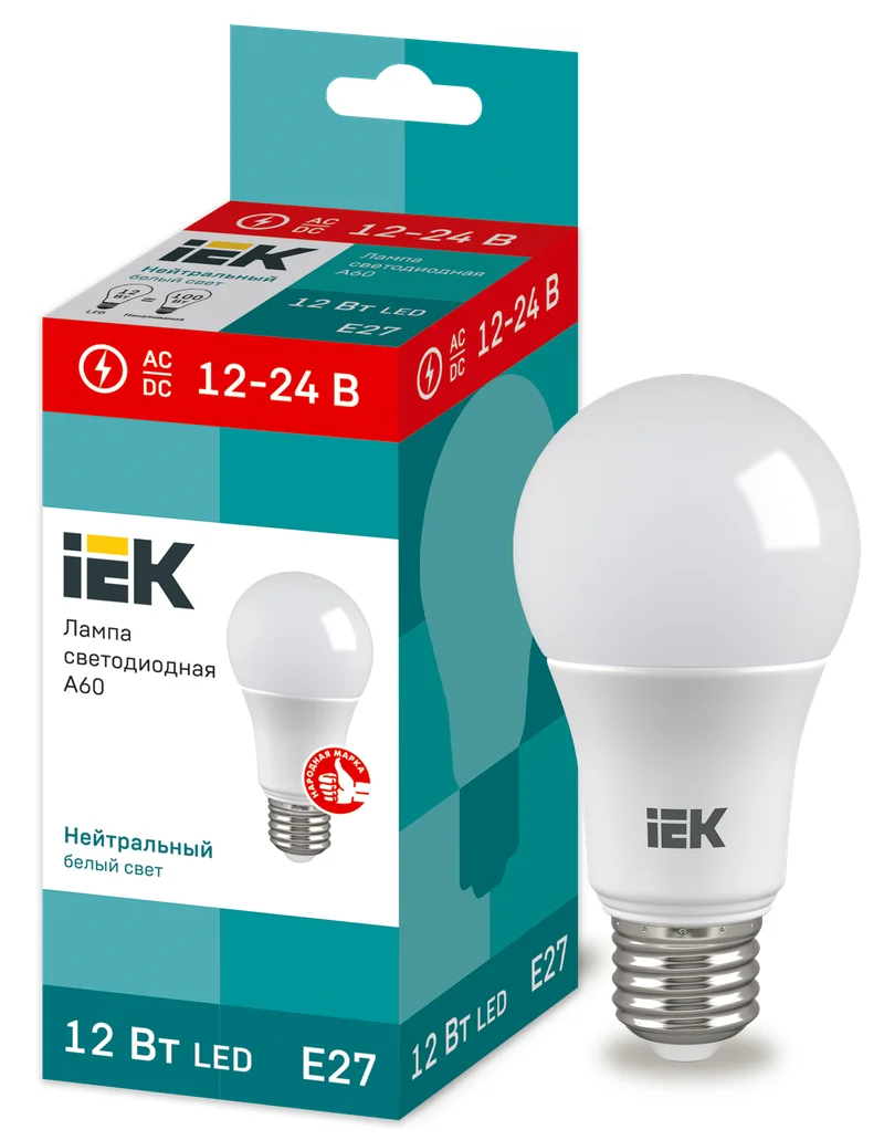 Лампа LED A60 груша 12Вт 12-24В 4000К E27 IEK