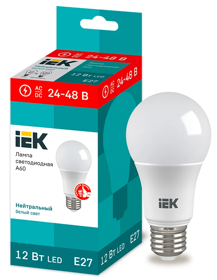 Лампа LED A60 груша 12Вт 24-48В 4000К E27 IEK